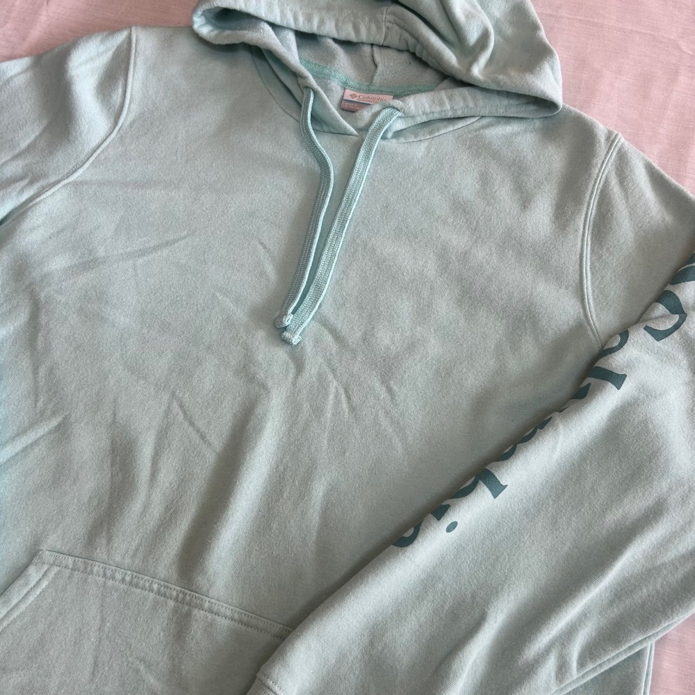 Columbia Hoodie Women 1X Mint Green Logo Sleeve Pullover Fleece Kangaroo Pocket